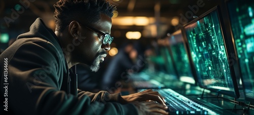Black man working on a computer in close-up, with lines of code language reflected in his glasses. developing new software as a male programmer .
