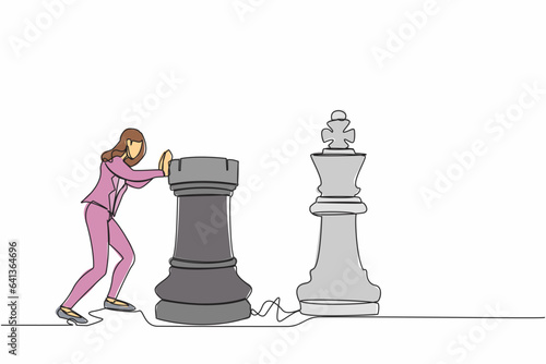 Single continuous line drawing smart businesswoman push huge rook chess piece to beat king. Business strategy to winning market competition. Strategic move. One line graphic design vector illustration