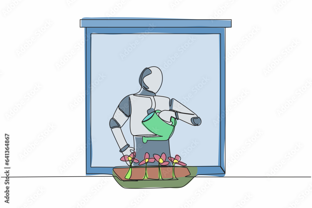 Single one line drawing robot watering flowers on the balcony. Home green garden, house plants growing. Robotic artificial intelligence. Technology industry. Continuous line design vector illustration Single one line drawing robot watering flowers on the balcony. Home green garden, house plants growing. Robotic artificial intelligence. Technology industry. Continuous line design vector illustration