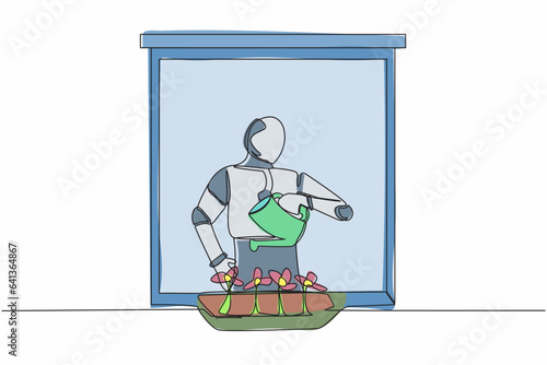 Single one line drawing robot watering flowers on the balcony. Home green garden, house plants growing. Robotic artificial intelligence. Technology industry. Continuous line design vector illustration