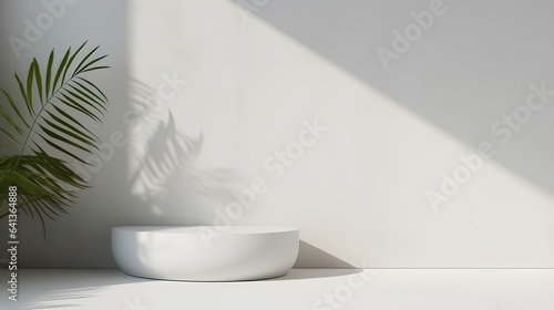 Minimal abstract background for product presentation. Shadow and light on white plaster wall  empty space. generative AI