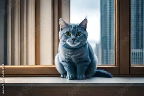 Closeup cute blue cat standing on the windowsill at home 