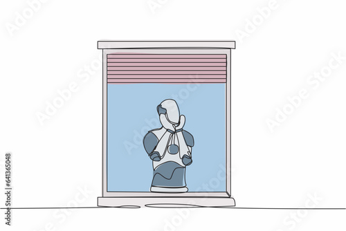 Continuous one line drawing robot sadly with support the chin near window. Coronavirus impact in tech business. Humanoid robot cybernetic organism. Single line draw design vector graphic illustration