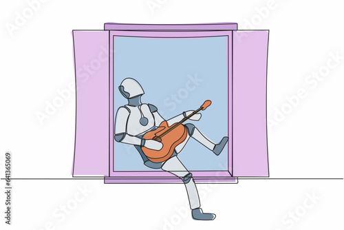 Single one line drawing robot sitting on windowsill playing guitar and sing song. Relaxation, comfort, romantic. Modern robotic artificial intelligence. Continuous line draw design vector illustration