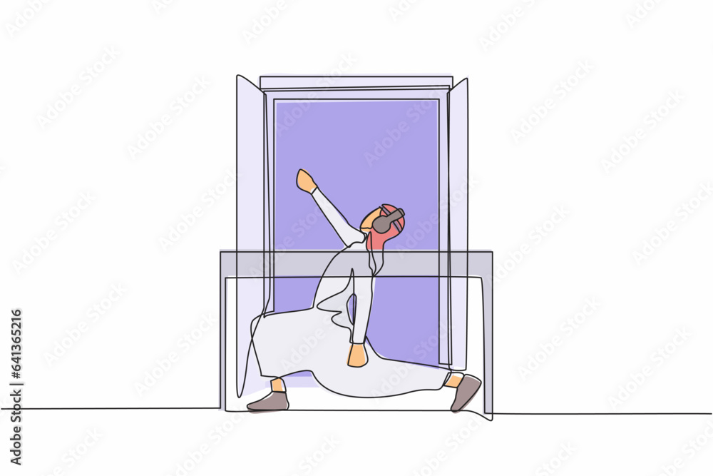 Continuous one line drawing healthy Arabian man with headphone practices yoga near window or balcony. Sports activity, workout, exercise, fitness, indoors. Single line draw design vector illustration Continuous one line drawing healthy Arabian man with headphone practices yoga near window or balcony. Sports activity, workout, exercise, fitness, indoors. Single line draw design vector illustration
