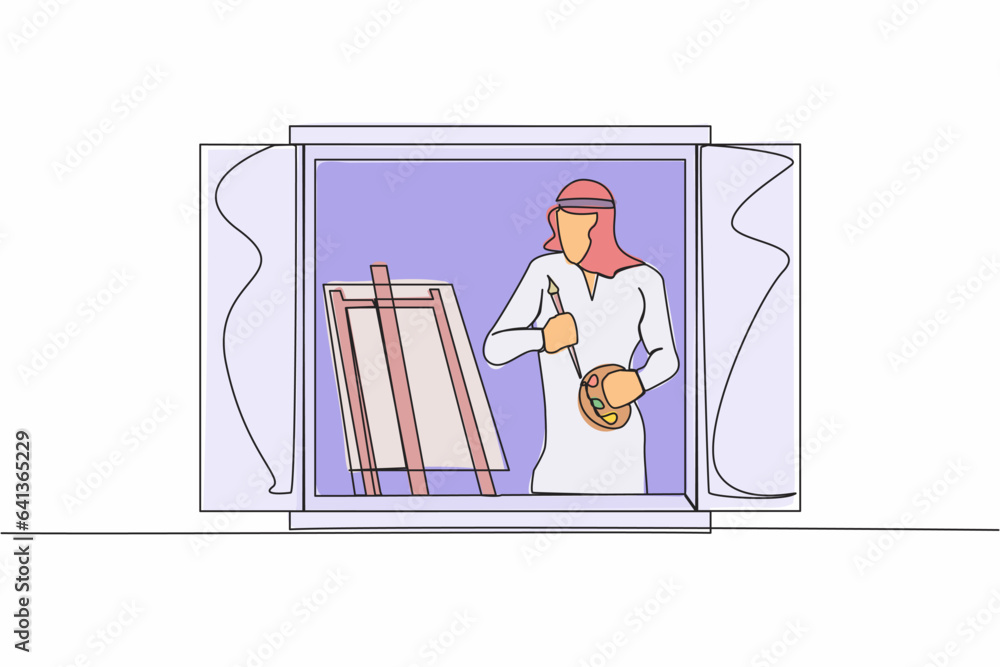 Continuous one line drawing Arab man painter drawing indoor near window. Male holding paint brush and palette, sketching on canvas. Artist painting at home. Single line draw design vector illustration Continuous one line drawing Arab man painter drawing indoor near window. Male holding paint brush and palette, sketching on canvas. Artist painting at home. Single line draw design vector illustration