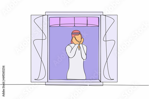 Single continuous line drawing Arab man sitting sadly with support the chin near the window. Coronavirus impact in business, economic recession, pandemic. One line graphic design vector illustration