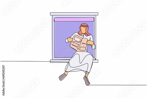 Single one line drawing relaxed Arab man sitting on windowsill and reads newspaper. Cozy balcony. Home activities. Stay at home during pandemic. Continuous line draw design graphic vector illustration