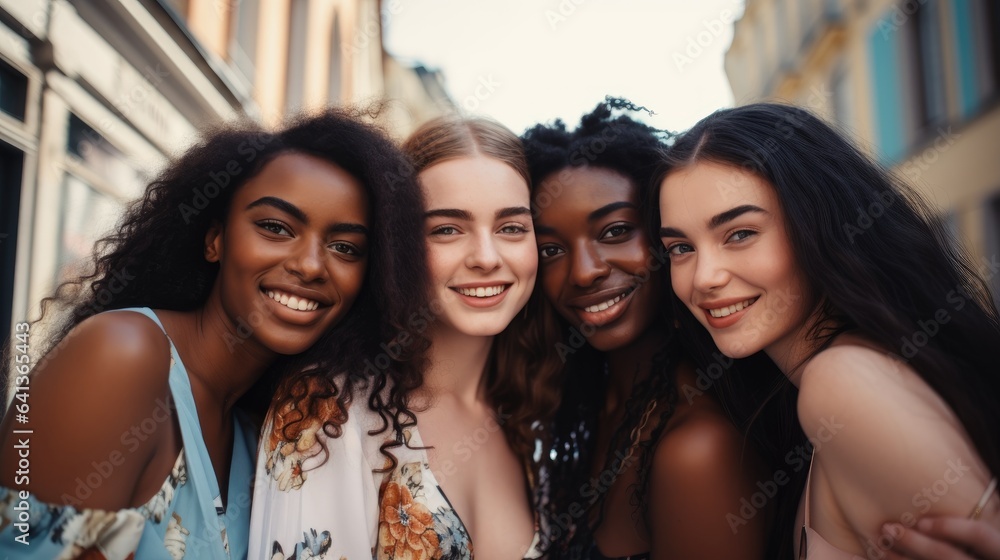 Beautiful girls in a city backdrop. Generative AI Beautiful girls in a city backdrop. Generative AI