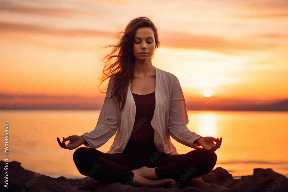 A meditation pose with sunset in the background, Woman Meditating - Inner Peace - AI Generated A meditation pose with sunset in the background, Woman Meditating - Inner Peace - AI Generated