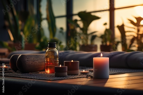Yoga mats, blocks, and candles set in a peaceful environment - Mindfulness and Balance - AI Generated
