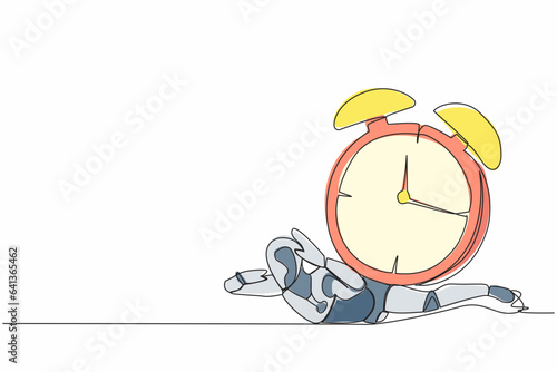 Single one line drawing stressed robot under heavy alarm clock burden. Work pressure at tech business project. Modern robotic artificial intelligence. Continuous line draw design vector illustration