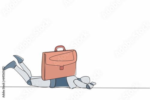 Single continuous line drawing stressed robot under heavy briefcase burden. Pressure from too much responsibility. Artificial intelligence and machine learning processes. One line draw design vector