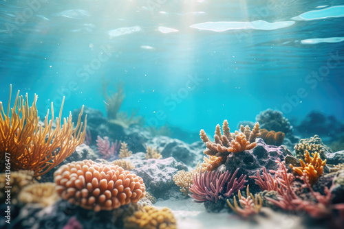 Blurred background of a coral reef, ideal for text overlay - Underwater Mystery - AI Generated