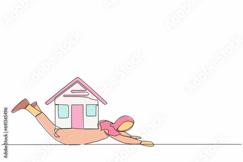 Continuous one line drawing Arabian businesswoman under heavy house burden. Financial mortgage, need pay taxes expenses. Bank loan. Lease, finance. Single line draw design vector graphic illustration