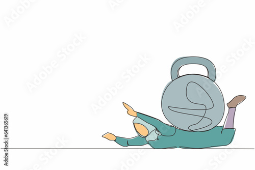 Single continuous line drawing Arabian businesswoman under heavy kettlebell burden. Financial crisis and credit payment. Business, mental stress, bankruptcy, debt. One line design vector illustration