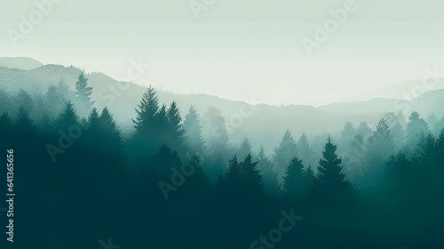 Dark blue mountain landscape with fog and forest, generative AI. © puhimec