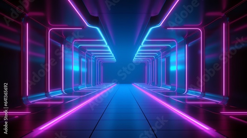 Mysterious corridor lit with neon lights, suitable for thriller film or cyberpunk themed designs, evoking a sense of intrigue.