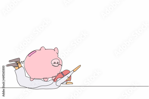 Single continuous line drawing Arab businessman under heavy piggy bank burden. Broke and financial problems concept. Searching money in crisis. Dynamic one line draw graphic design vector illustration