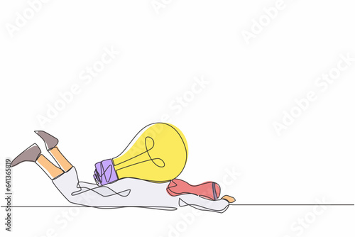 Single continuous line drawing Arab businessman under heavy light bulb burden. Uninspired or no idea after business failure, burnout or exhausted from crisis. One line draw design vector illustration