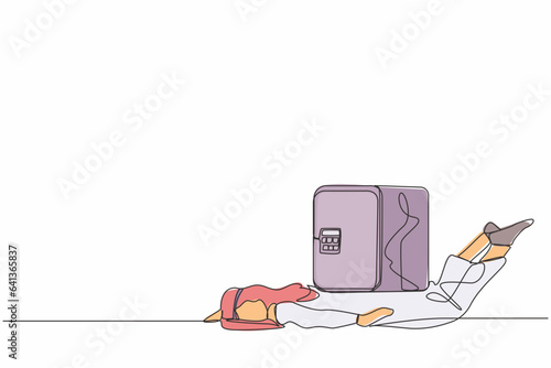 Single one line drawing Arab businessman under heavy safe deposit box burden. Money loss in pandemic crisis, company cannot pay for debt and bankruptcy. Continuous line draw design vector illustration