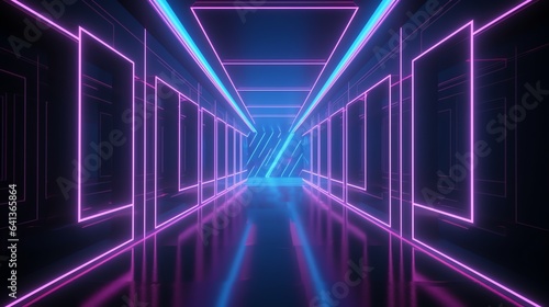 Mysterious corridor lit with neon lights, suitable for thriller film or cyberpunk themed designs, evoking a sense of intrigue.