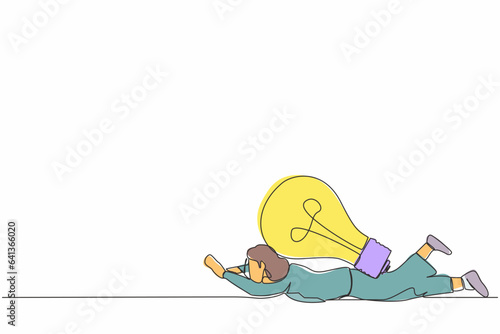 Single continuous line drawing unhappy businesswoman under heavy light bulb burden. Uninspired or no idea after business failure, burnout or exhausted from crisis. One line design vector illustration