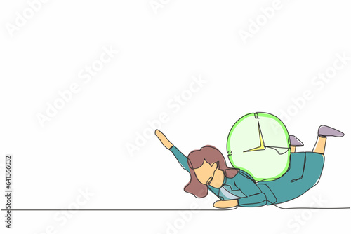 Single continuous line drawing unhappy businesswoman under heavy clock burden. Stressed worker working under pressure to completed business project deadline. One line draw design vector illustration