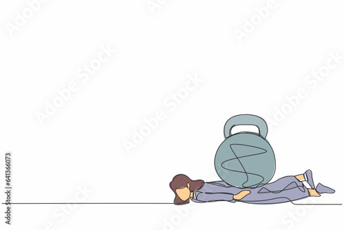 Continuous one line drawing unhappy businesswoman under heavy kettlebell burden. Tension, heaviness in business life. Overwork, stress, time management. Single line graphic design vector illustration
