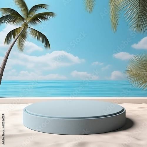Minimal round marble podium  Aesthetic summer dais  3D podium with a premium summer beach background  seaside sand  waves and coconut trees for product showcase  AI generated.