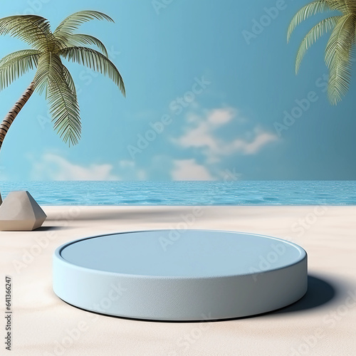 Minimal round marble podium, Aesthetic summer dais, 3D podium with a premium summer beach background, seaside sand, waves and coconut trees for product showcase, AI generated.