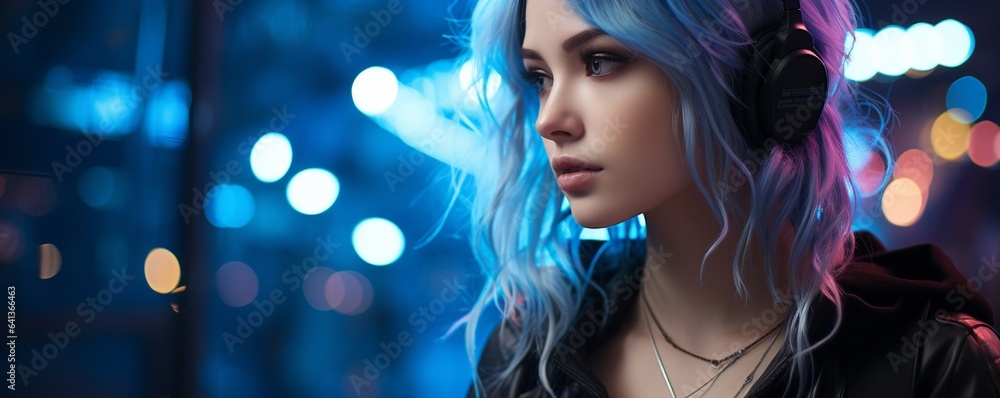 Fototapeta premium Looking at a futuristic, cybernetic city with neon lights in a stylish young cosplay model's portrait,.