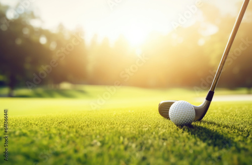 Golf ball and golf club on green grass back-lit by the sun