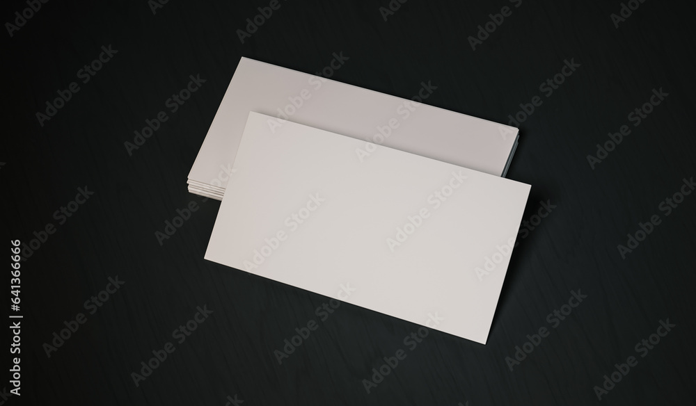 Business cards on the table, perspective view, mockup on black background, 3d illustration image Business cards on the table, perspective view, mockup on black background, 3d illustration image
