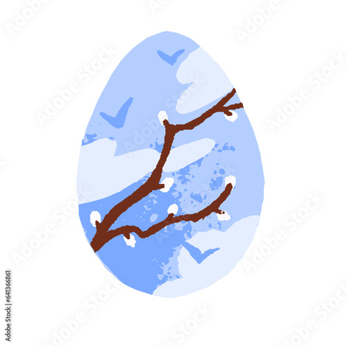 Pussy willow tree branch on Easter egg. Catkin, spring gentle flowers on twig over sky. Nature drawing for religious Christian holiday. Modern flat vector illustration isolated on white background