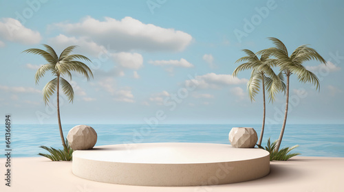 Minimal round marble podium  Aesthetic summer dais  3D podium with a premium summer beach background  seaside sand  waves  shells and coconut trees for product showcase  AI generated.