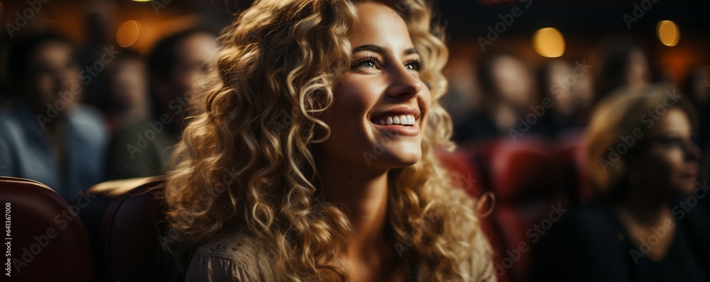 a woman chuckling during a comedy.