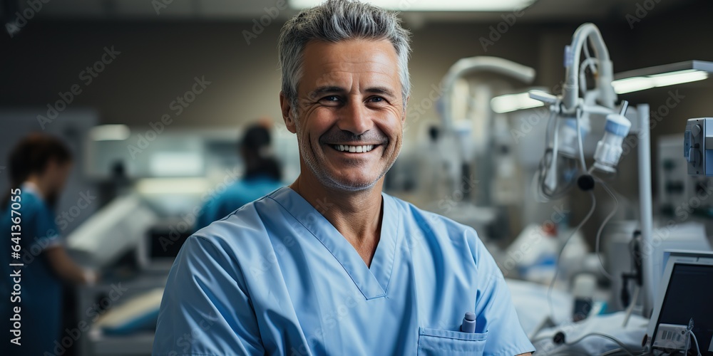 AI Generated. AI Generative. Adult male man doctor dentist face portrait at work place. Health care hospital center. Can be used for clinic presentation marketing AI Generated. AI Generative. Adult male man doctor dentist face portrait at work place. Health care hospital center. Can be used for clinic presentation marketing