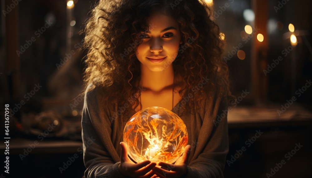 Posing spiritually while holding a light, a young woman.