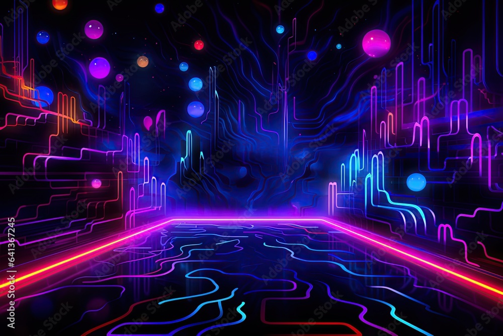 Abstract neon cyber background in blue, purple, black. AI generated