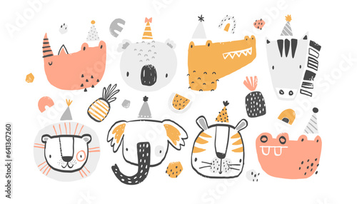 Vector set clipart collection with African, tropical animals in festive hats. Crocodile, koala, zebra, rhino, elephant, tiger, hippo, lion. Birthday, party for kids, invitation, card, baby shower.