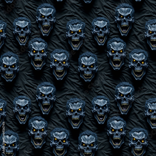 Abstract dark background with ominously laughing faces of monsters. Generative AI.