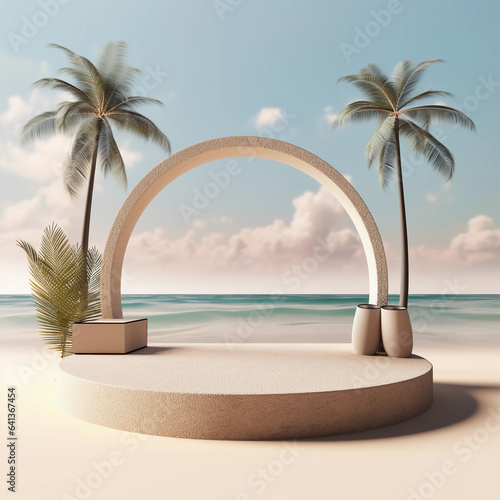 Minimal round marble podium, Aesthetic summer dais, 3D podium with a premium summer beach background, seaside sand, waves, shells and coconut trees for product showcase, AI generated.