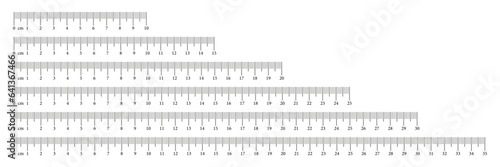 Measuring chart set with 10, 15, 20, 25, 30, 35 centimeters. Ruler scale collection with numbers. Length measurement math, distance, height, sewing tool. Vector illustration. Eps icons.