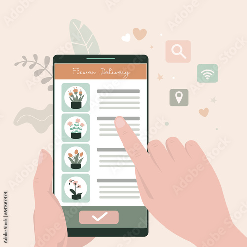 Hands uses cell phone. Character order flowers in internet. Flower delivery mobile app. Beautiful bouquets on smartphone screen, service for choosing and ordering flowers.