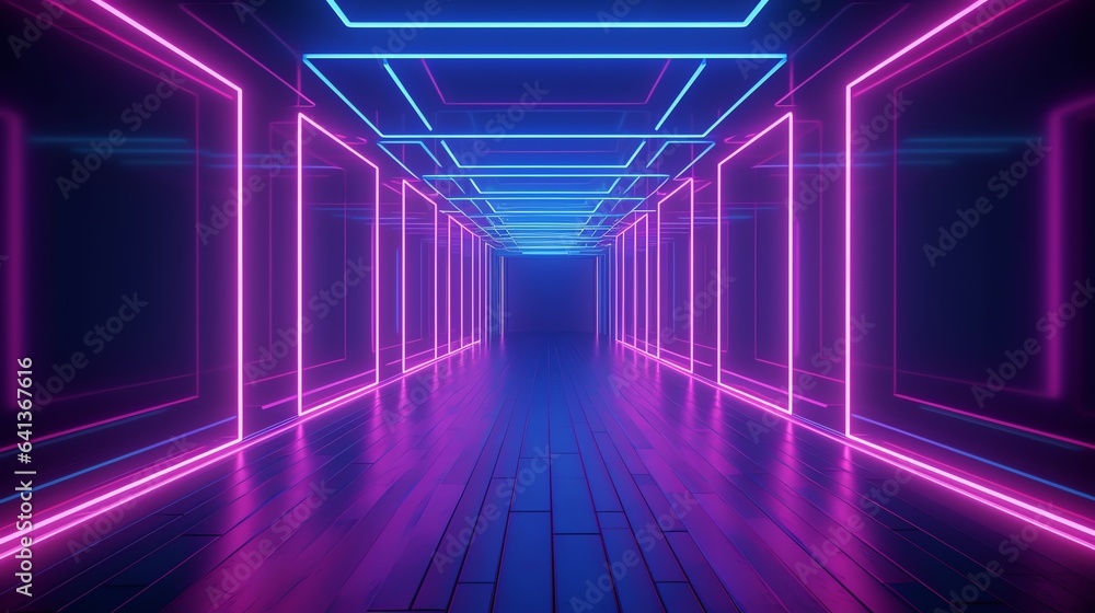 Fototapeta premium Long hallway with neon lights and black background. Suitable for Halloween, horror, thriller, suspense, or mysterious themed designs.