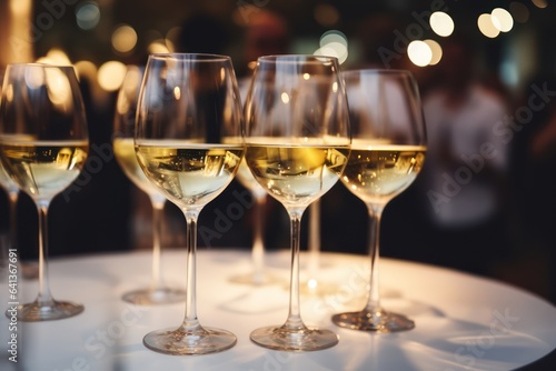 Close-up of a wine glasses with white wine before the start of the party. Blurred people on background.