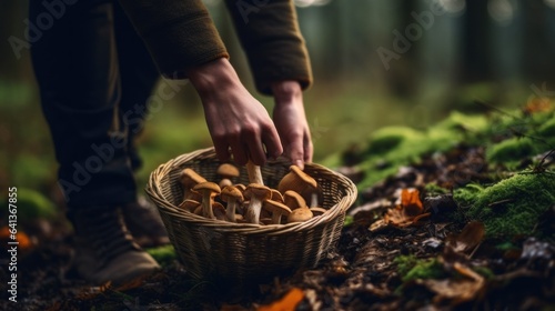 Mushroom hunting, mushrooming, mushroom picking, mushroom foraging, activity of gathering mushrooms in the wild nature. Woman picking mushroom at forest.
