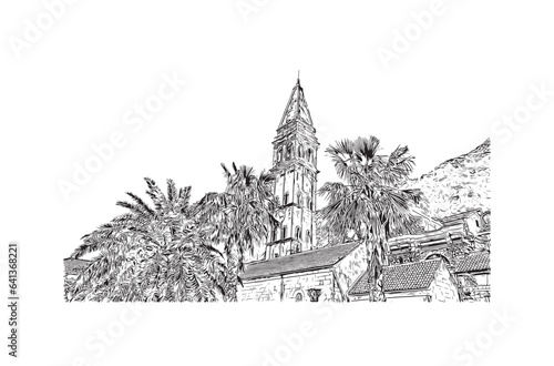 Building view with landmark of Perast is the town in Montenegro. Hand drawn sketch illustration in vector.