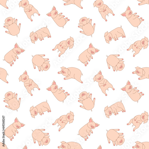 Wallpaper with sleeping pigs in different poses on white background. Vector seamless repeat pattern of cute piglets